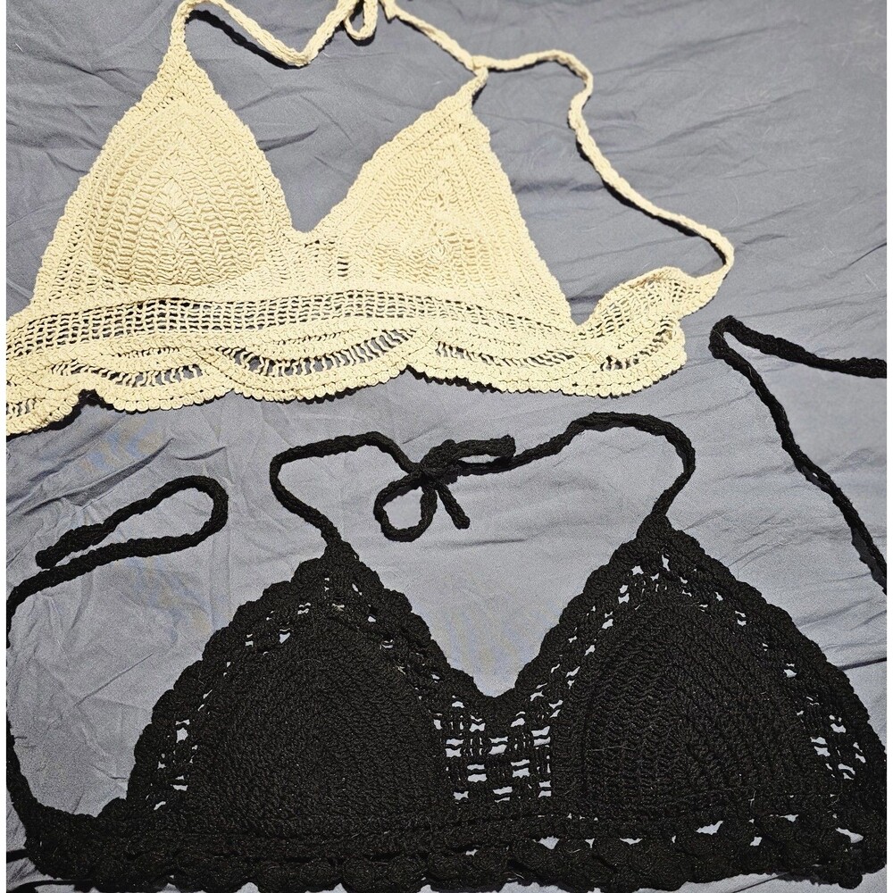Lot of 2 Women’s Small Crochet Halter Crop Tops Black Cream Boho Festival